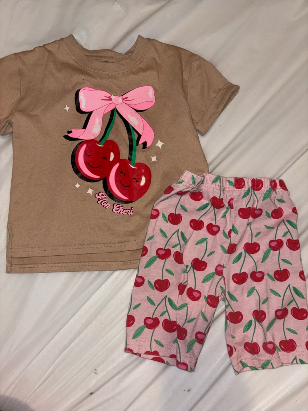 Girls Cherry Graphic Set - Pink & Tan